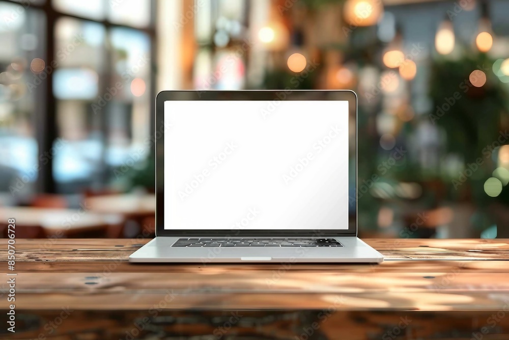 Laptop or notebook with blank screen on wood table in blurry background with coffee shop and nature green bokeh and sun light in morning. Laptop or notebook with blank screen on wood table in blurry background with coffee shop and nature green bokeh and sun light in morning.