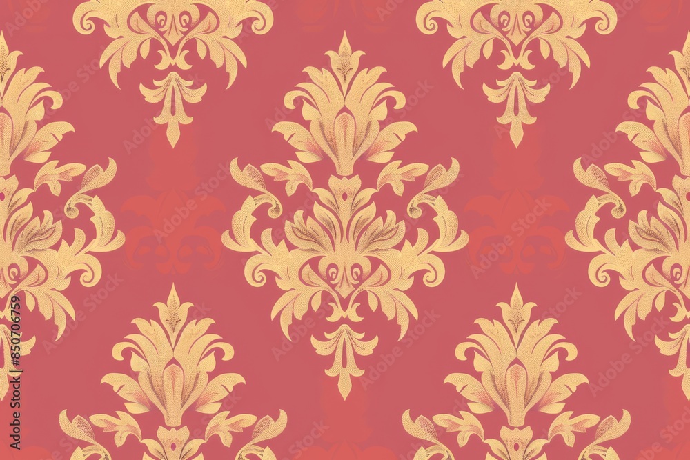 Golden Damask Pattern on Red Background Golden Damask Pattern on Red Background