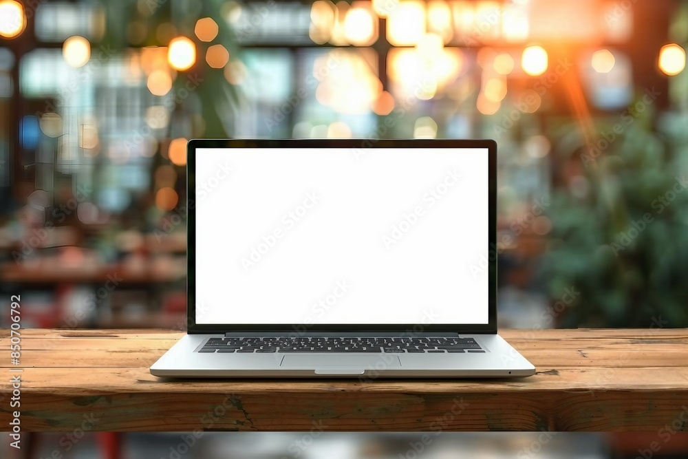 Laptop or notebook with blank screen on wood table in blurry background with coffee shop and nature green bokeh and sun light in morning. Laptop or notebook with blank screen on wood table in blurry background with coffee shop and nature green bokeh and sun light in morning.