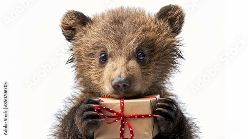 Capturing the essence of surprise, a teddy bear cub holds a gift box adorned with a red ribbon, perfect for a heartwarming teddy present photo