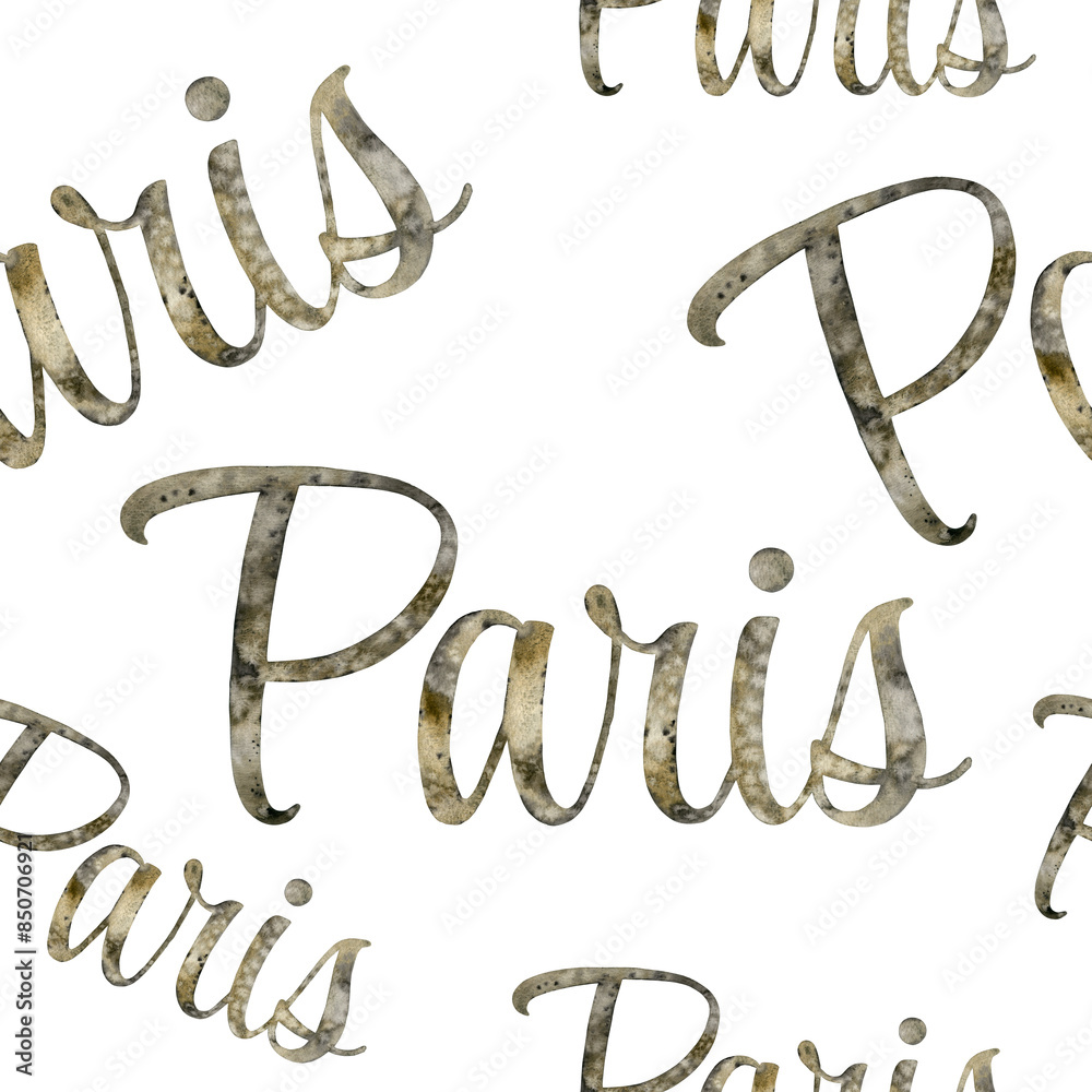 Seamless pattern of Watercolor hand drawn lettering illustration on white background. Paris France. Print on t-shirts and bags, for cards, banner or poster, card, design, artistic. Handwritten message Seamless pattern of Watercolor hand drawn lettering illustration on white background. Paris France. Print on t-shirts and bags, for cards, banner or poster, card, design, artistic. Handwritten message