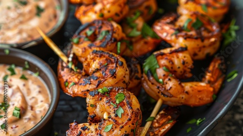 Close-up of grilled shrimp skewers with a spicy Cajun seasoning and served with remoulade sauce photo