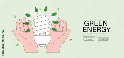 Sustainable Energy and Its Consumption Reduction at Home, Electricity and Power Save Concept Banner. Hands or Arms hold Energy Saving or Cfl Led Light Bulb Flat Vector Illustration.