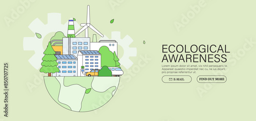 ESG, green energy, sustainable industry or ecological production concept banner. Environmental, Social, Corporate Governance vector illustration. Earth vs industry harmony banner, placard, poster.