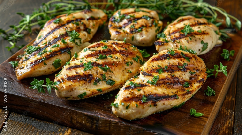 Grilled chicken breasts with grill marks served on a wooden cutting board with fresh herbs Grilled chicken breasts with grill marks served on a wooden cutting board with fresh herbs