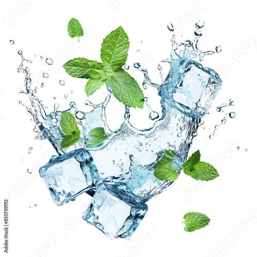 Fresh green mint leaves splashing with water and ice cubes, cut out
