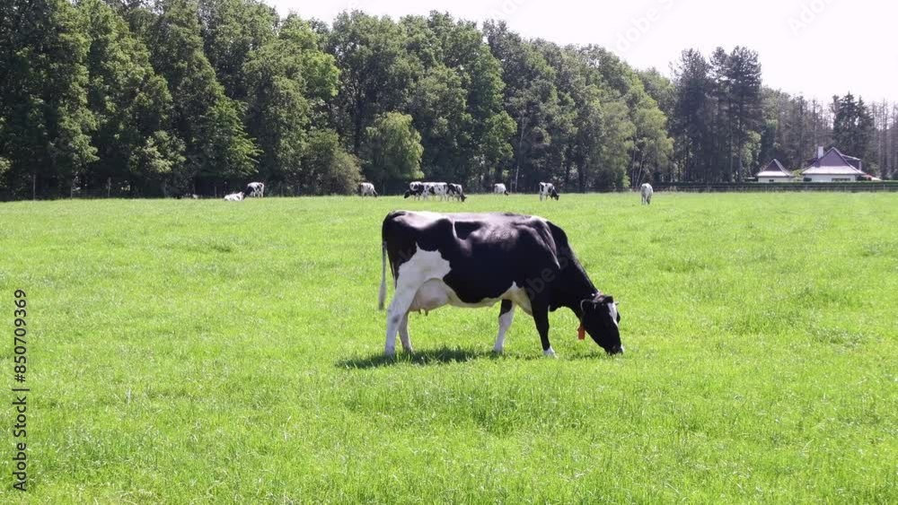 Black and white Holstein Friesian cows in Belgium grazes on a pasture with green grass, breed of high productivity dairy cattle,High quality 4k footage Black and white Holstein Friesian cows in Belgium grazes on a pasture with green grass, breed of high productivity dairy cattle,High quality 4k footage