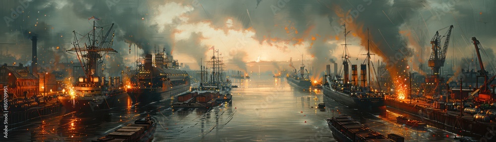 Fototapeta premium Create a realistic oil painting of a bustling factory. with sparks flying from the welding station Big moving crane and a freight train laden with goods in the foreground