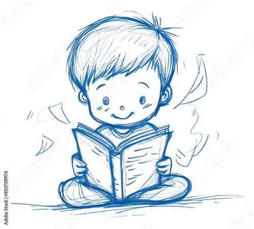 PNG Hand-drawn sketch boy reading book drawing cute handwriting. photo