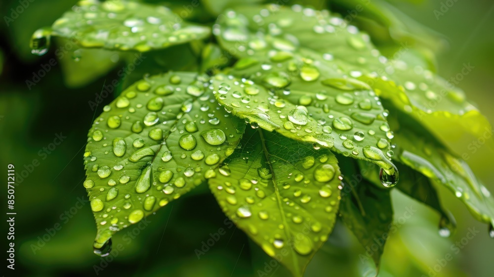 Close-up of raindrops on shiny green leaves after a rain shower Close-up of raindrops on shiny green leaves after a rain shower