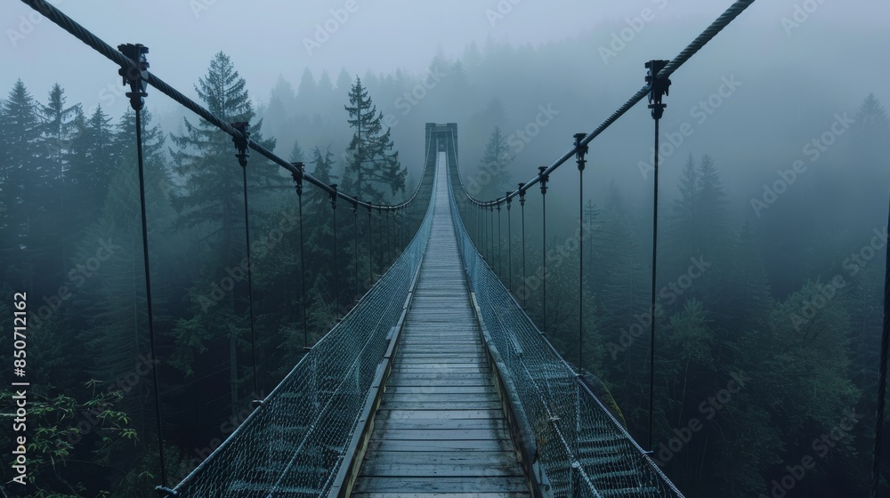 Obraz premium Suspension Bridge Through a Misty Forest