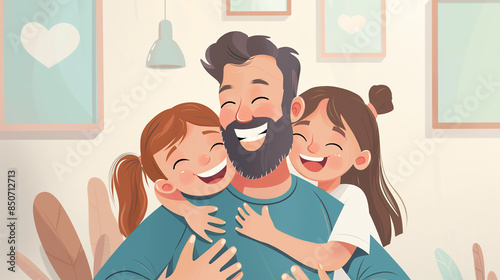 Whimsical illustration of a bearded father hugging his two children, with a backdrop of houseplants and cozy home decor. The family shares a joyful moment, full of love and happiness.