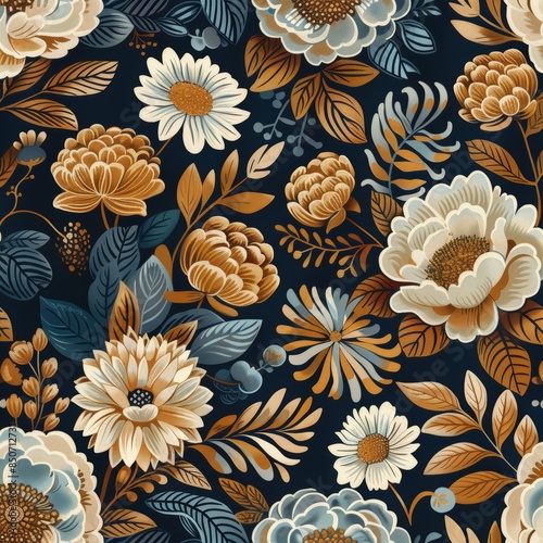 An old style floral and paisley pattern in the style of ancient persian art in blue and gold colors.