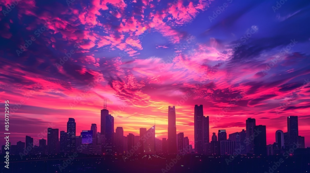 Sunrise over a city skyline with skyscrapers silhouetted against a colorful morning sky Sunrise over a city skyline with skyscrapers silhouetted against a colorful morning sky
