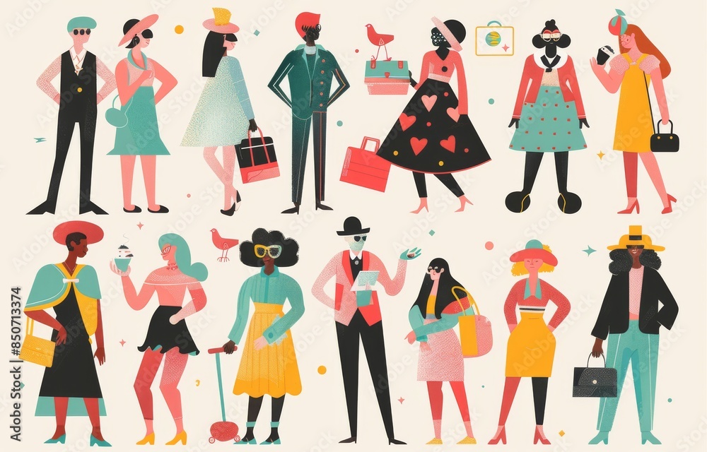 Eclectic characters with distinct styles and accessories in a playful, flat design. Eclectic characters with distinct styles and accessories in a playful, flat design.