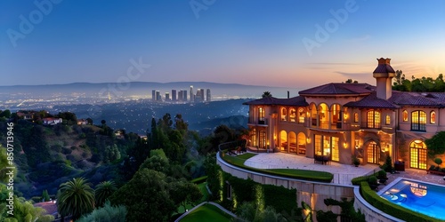 Aerial view of a luxurious mansion in Los Angeles with scenic city views. Concept Luxury Real Estate, Aerial Photography, Los Angeles, Mansion, City Views