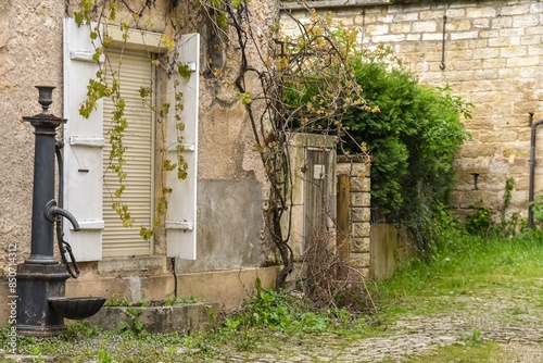 Obraz na płótnie entrance of an old house with a vintage water pump w salonie