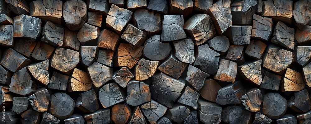 Several piles of black, textured charred wood Several piles of black, textured charred wood