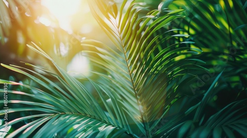 Close-up of vibrant green tropical palm leaves with sunlight filtering through