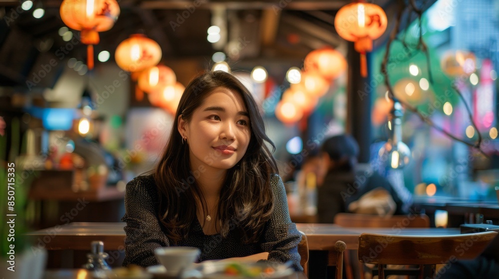 A woman is sitting at a table in a restaurant with a smile on her face A woman is sitting at a table in a restaurant with a smile on her face