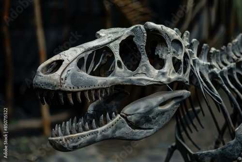 Closeup of a detailed tyrannosaurus rex skeleton exhibit in a museum, showcasing the large, fearsome bones of this ancient carnivorous dinosaur from the cretaceous period