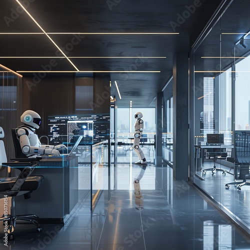 A contemporary office with a professional using a tablet to control AI-driven automation systems, digital interfaces and robotic assistants visible, sleek and modern decor, photore photo
