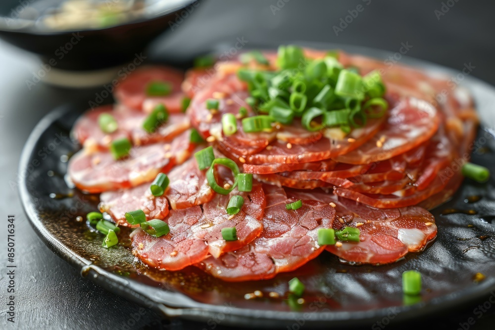 Thinly sliced roast beef garnished with fresh scallions served on a black plate, ready for dining Thinly sliced roast beef garnished with fresh scallions served on a black plate, ready for dining