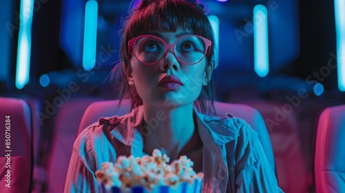 Caucasian woman watching a thriller movie in the cinema with popcorn photo