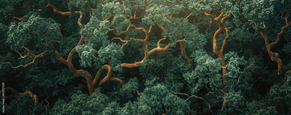 Fototapeta premium Aerial View of Lush Green Forest with intertwined Tree Canopies and Sunlight Creating Playful Shadows for Natural Serenity and Tranquility Landscape Art Photography Nature's Beauty