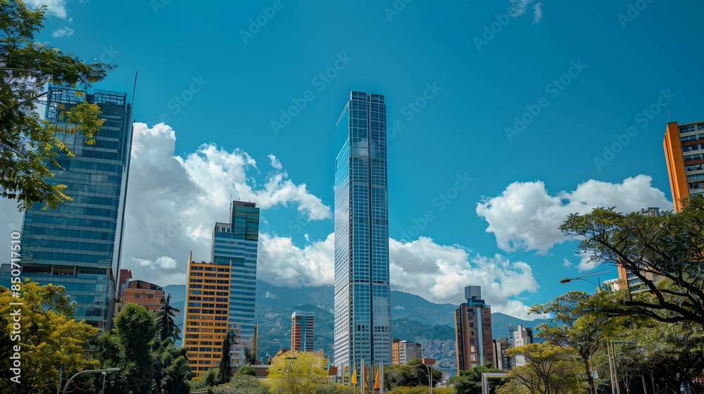 Obraz premium Breathtaking Cityscape with Towering Skyscrapers and Vibrant Blue Sky