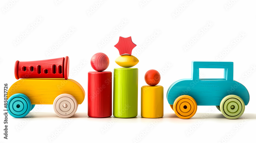 Naklejka premium Set of 3 colorful classic toddler cutout or child's toys of car wheels, xylophone and geometric cubes isolated on white.