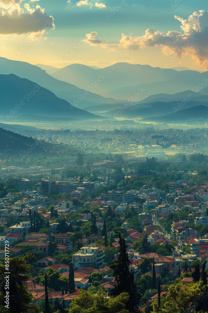 Obraz premium Breathtaking Aerial View of Serene Mountain City at Sunset, Captivating Landscape Photography Featuring Majestic Peaks, Charming Architecture, and Vibrant Atmosphere Under the Golden Sky