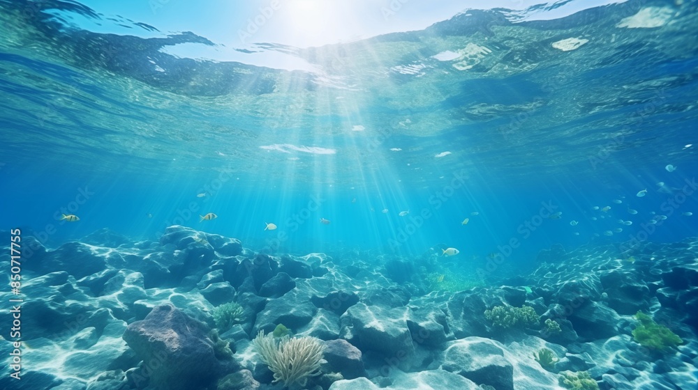 Fototapeta premium Split underwater view with sunny sky and serene sea.