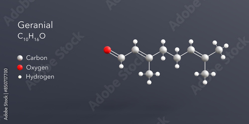 Fototapeta Naklejka Na Ścianę i Meble -  geranial molecule 3d rendering, flat molecular structure with chemical formula and atoms color coding