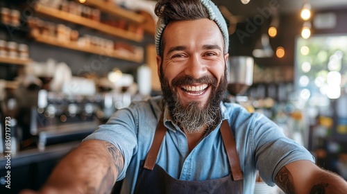 Smiling bearded man in a denim shirt and apron taking a selfie in a cozy coffee shop