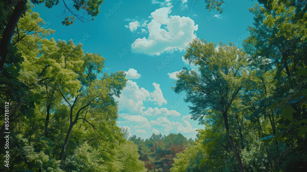 Fototapeta premium Captivating Summer Sky Amidst Lush Green Trees in a Tranquil Forest, Radiant Blue Sky with Fluffy Clouds, Peaceful Nature, Scenic Forestry Landscape, Picturesque Serenity, Outdoor Beauty