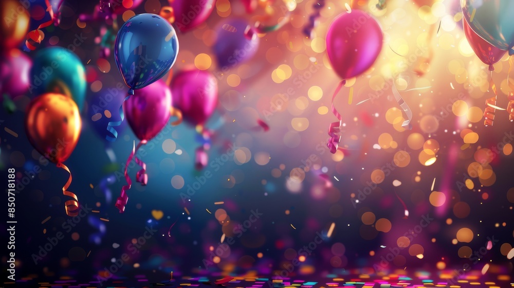 Colorful Balloons and Confetti Falling Against a Blurred Background Colorful Balloons and Confetti Falling Against a Blurred Background