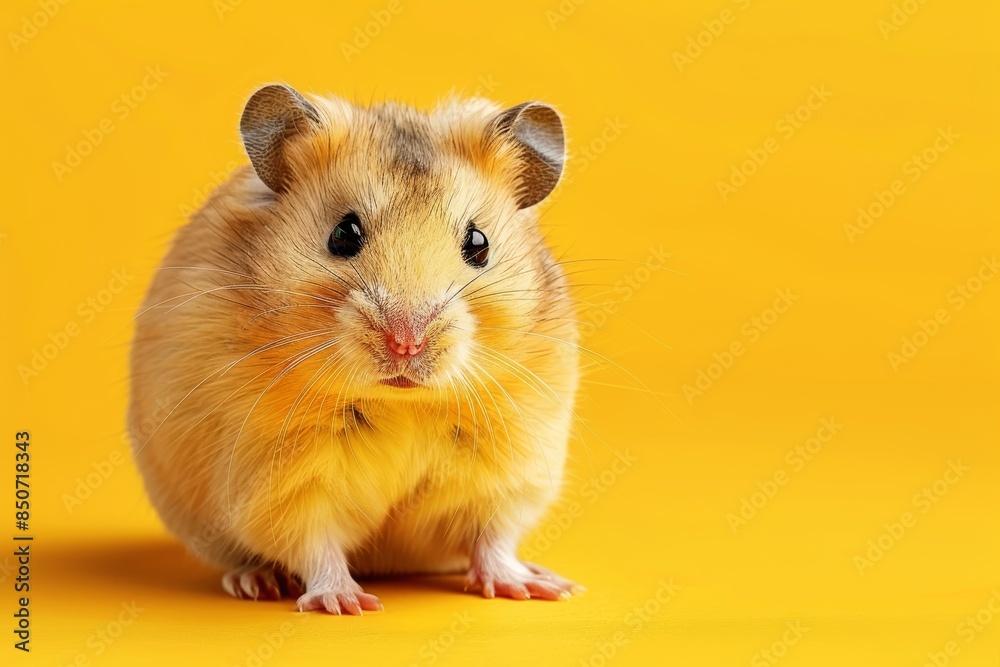 Close-up of a hamster sitting on a yellow background Close-up of a hamster sitting on a yellow background