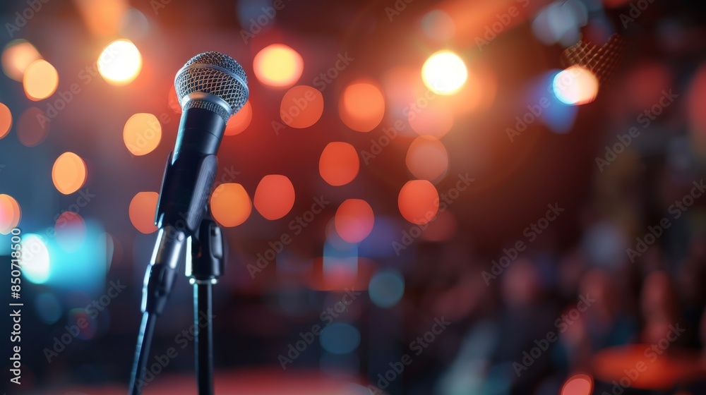 Obraz premium A Single Microphone On Stage In Front Of Blurred Lights