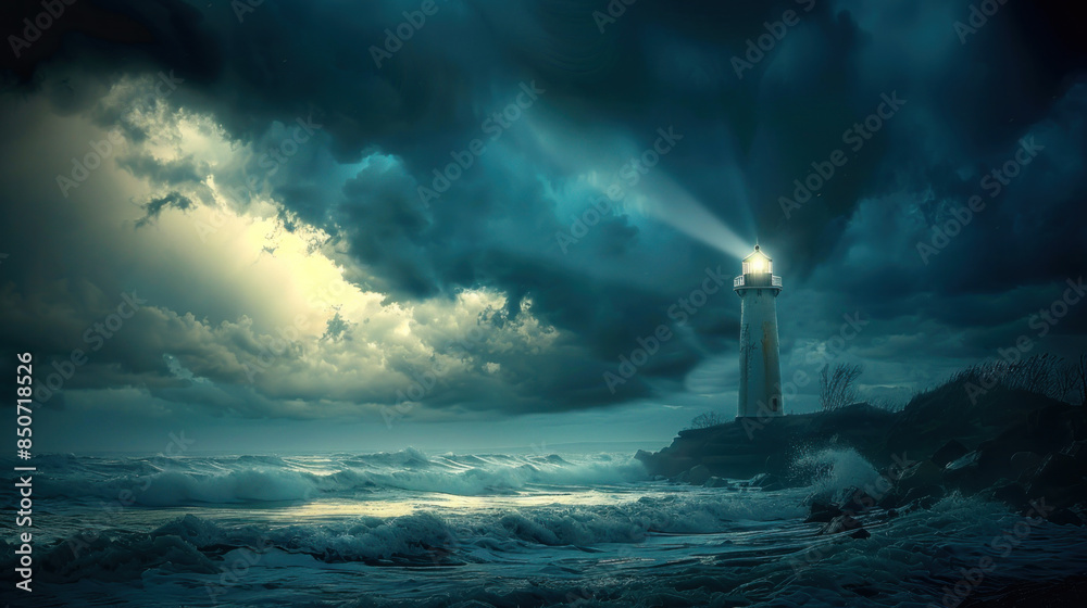 Beautiful lighthouse on rocky cliff, stormy weather Beautiful lighthouse on rocky cliff, stormy weather