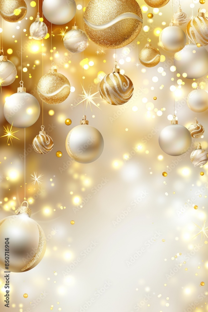 Golden and White Christmas Ornaments Hanging Against a Sparkling Background Golden and White Christmas Ornaments Hanging Against a Sparkling Background