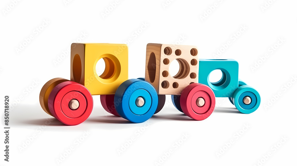 Fototapeta premium Set of 3 colorful classic toddler cutout or child's toys of car wheels, xylophone and geometric cubes isolated on white.