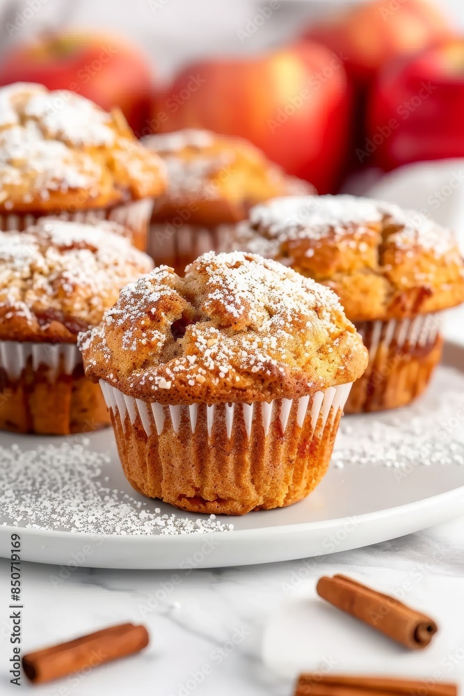 Close Up of Freshly Baked Apple Cinnamon Muffins With Powdered Sugar Close Up of Freshly Baked Apple Cinnamon Muffins With Powdered Sugar