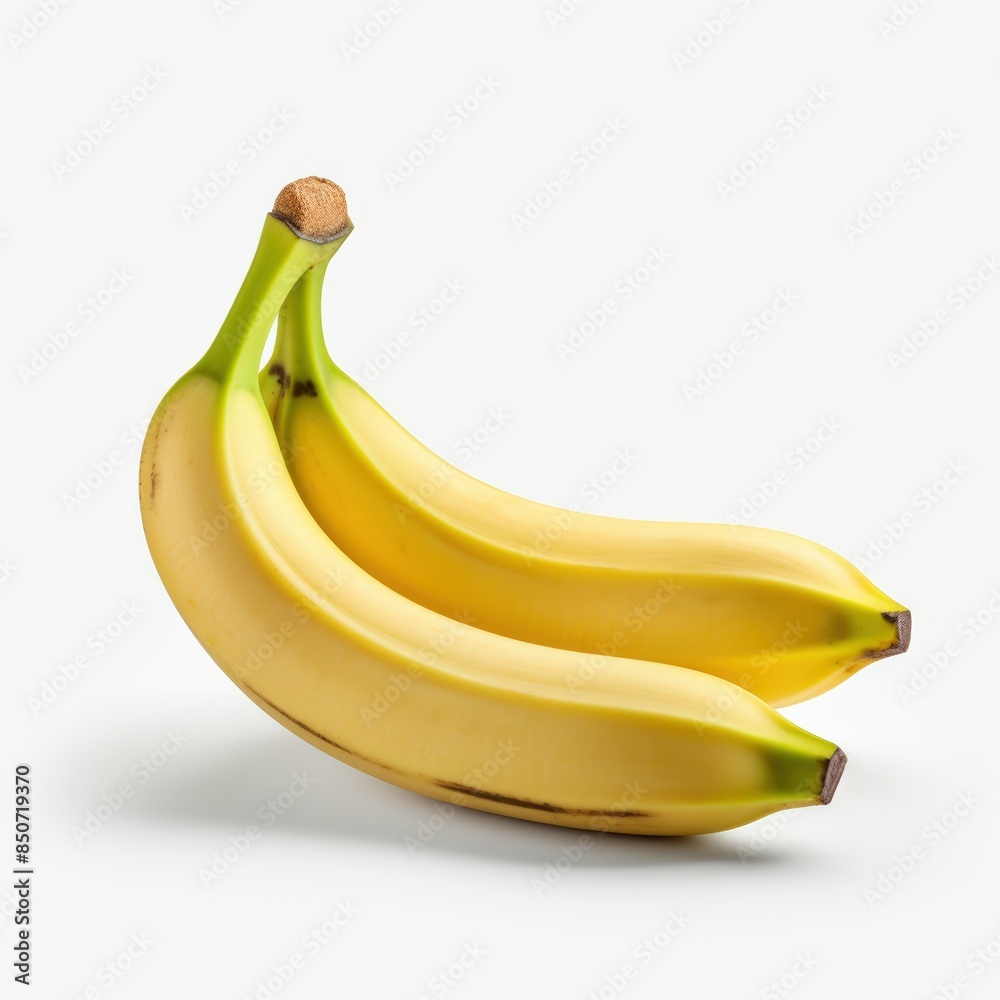 Two ripe bananas with yellow peel on a white background. Perfect for a healthy diet, snacking, or smoothie ingredients. Two ripe bananas with yellow peel on a white background. Perfect for a healthy diet, snacking, or smoothie ingredients.