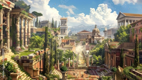 illustration of ancient Rome with a blue sky and greenery