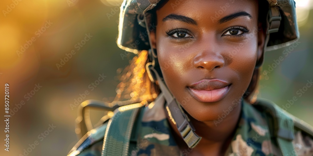 Close-up of a woman in military uniform and helmet smiling outdoors Close-up of a woman in military uniform and helmet smiling outdoors