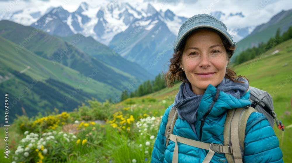 Woman in blue jacket and cap smiling in a mountainous landscape with wildflowers
