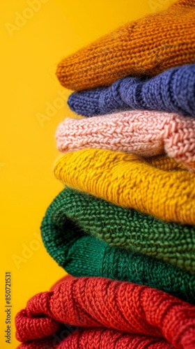 Multicolored knitted clothes background. Handmade or factory-made clothes. Cozy knitted things
