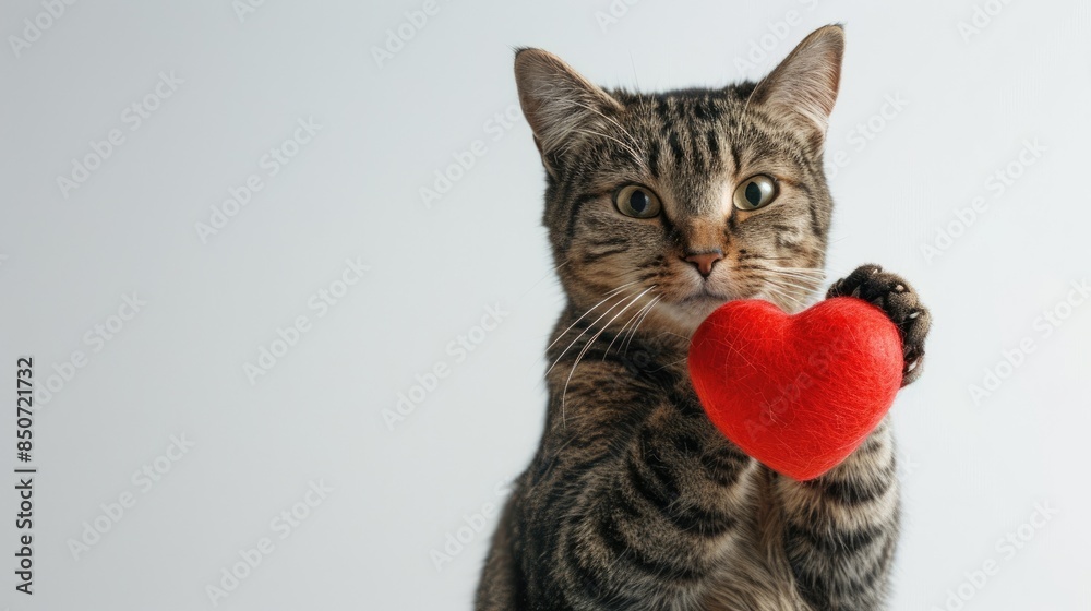 Obraz premium Cat holding a toy heart in a white background