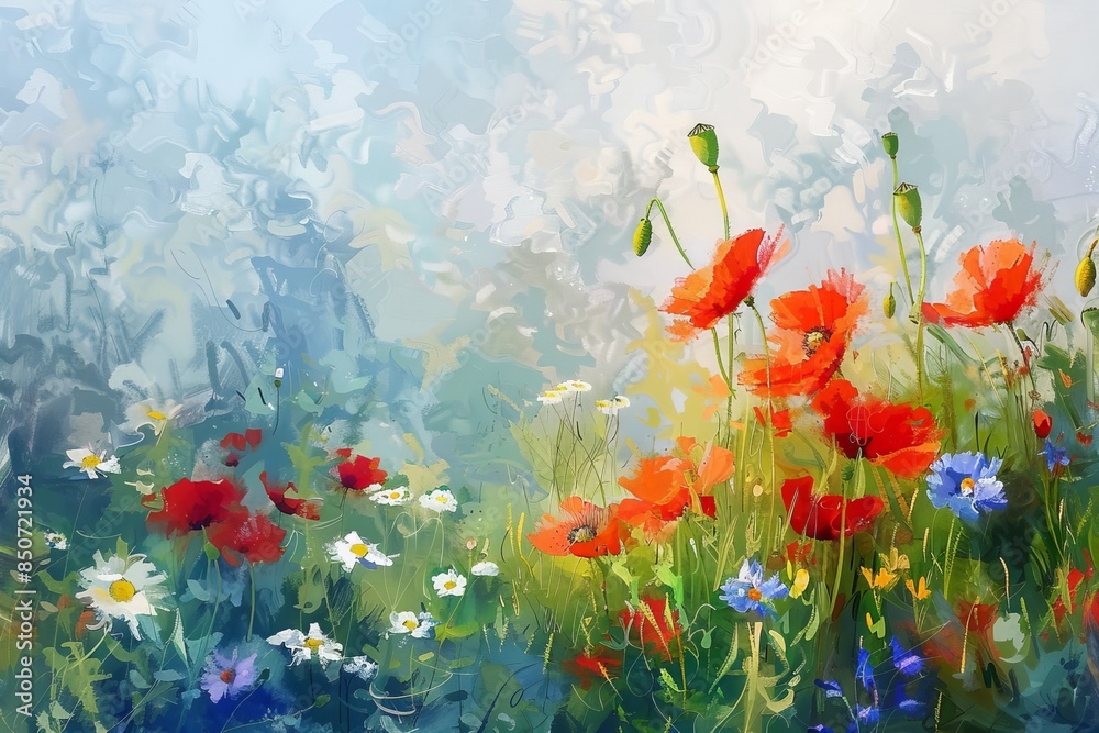stock ai illustration of a beautiful flower meadow in spring and a blue sky. stock ai illustration of a beautiful flower meadow in spring and a blue sky.